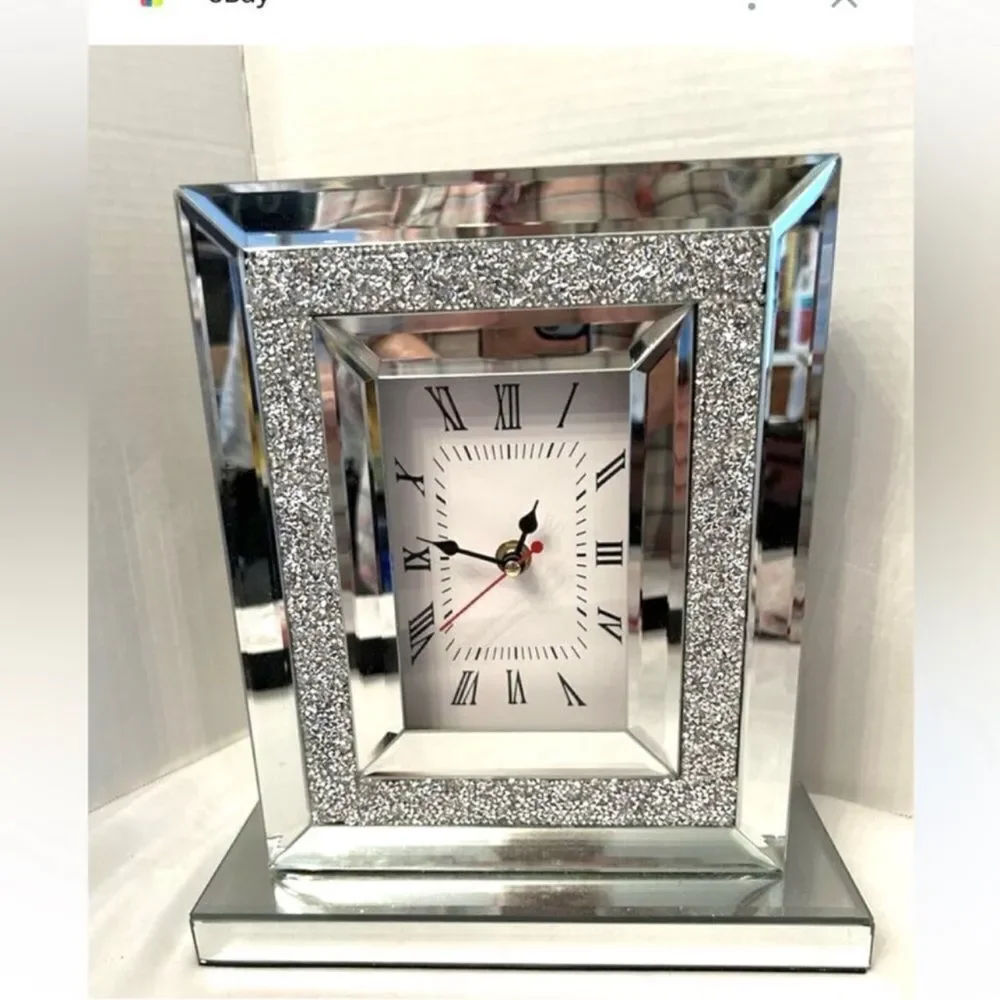 Clock Hollywood Glam Crystal Crush Diamond Mirrored 11.5” Tall 10” Base Quartz